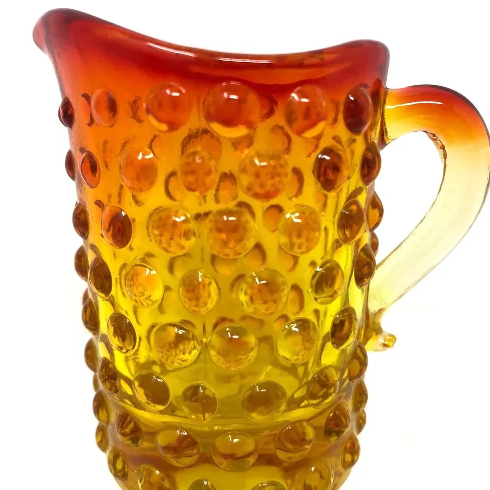 Art Glass Amberina Hobnail Glass Footed Pitcher & Handblown Vase MCM Mini Set 2